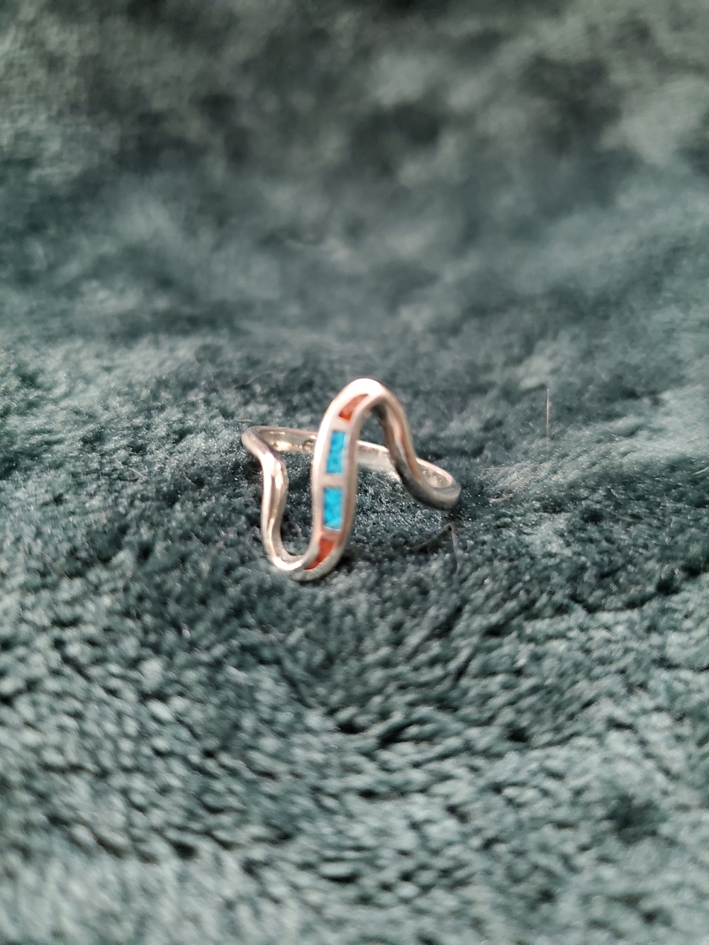 Silver Wave Inlay Ring with Turquoise and Coral Accents
